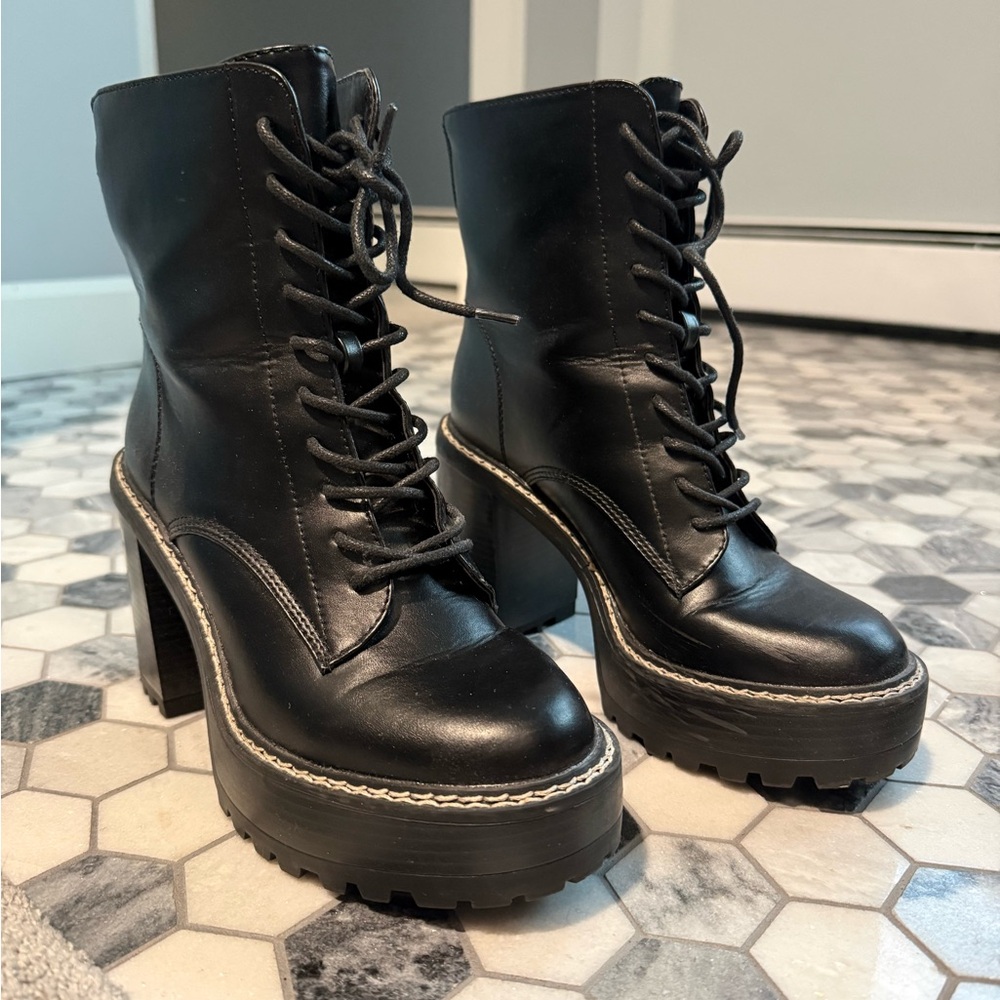 Black Lace-Up Platform Booties - Women Shoes